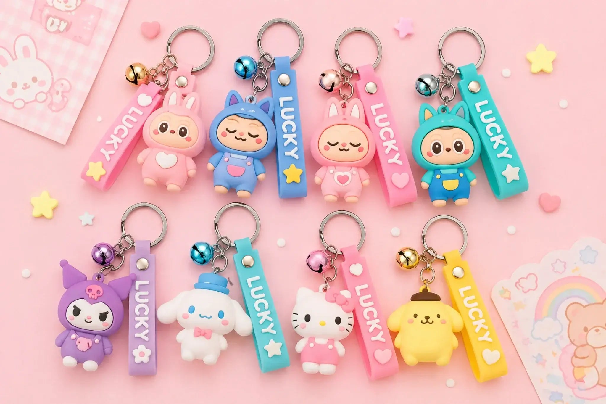 Collection de porte-clés kawaii avec personnages mignons, accessoires colorés et designs pastel, idéal pour cadeaux