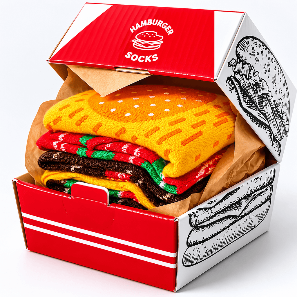 Chaussettes Burger Kawaii roulées en forme de hamburger gourmand, idée cadeau originale et amusante.