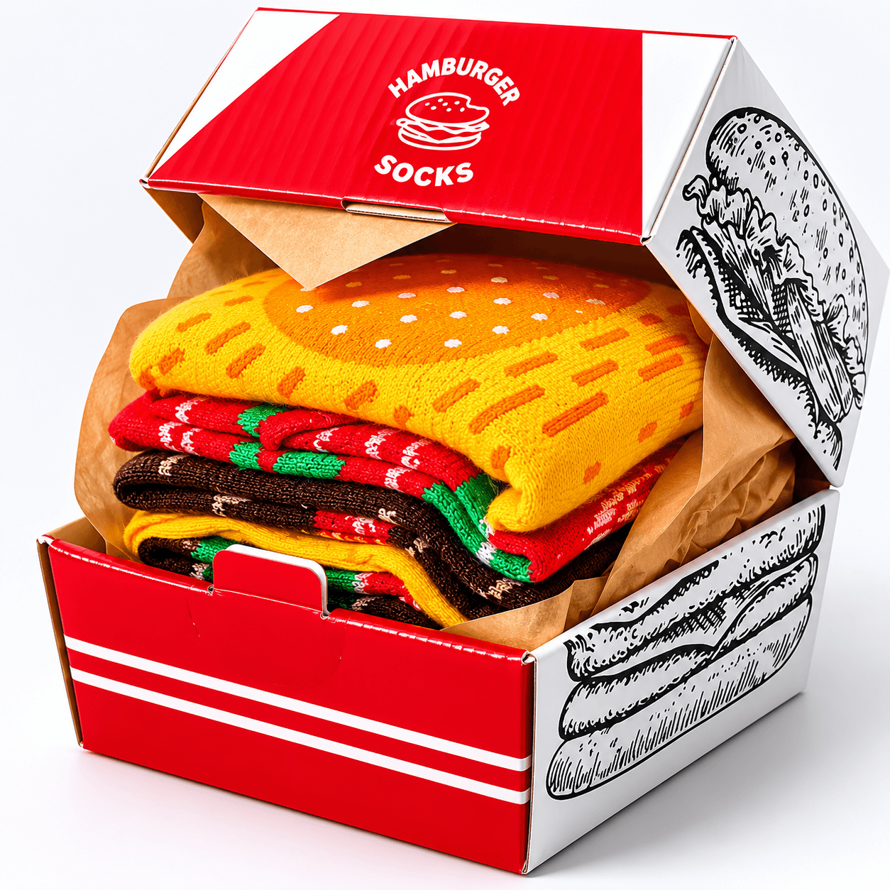 Chaussettes Burger Kawaii roulées en forme de hamburger gourmand, idée cadeau originale et amusante.
