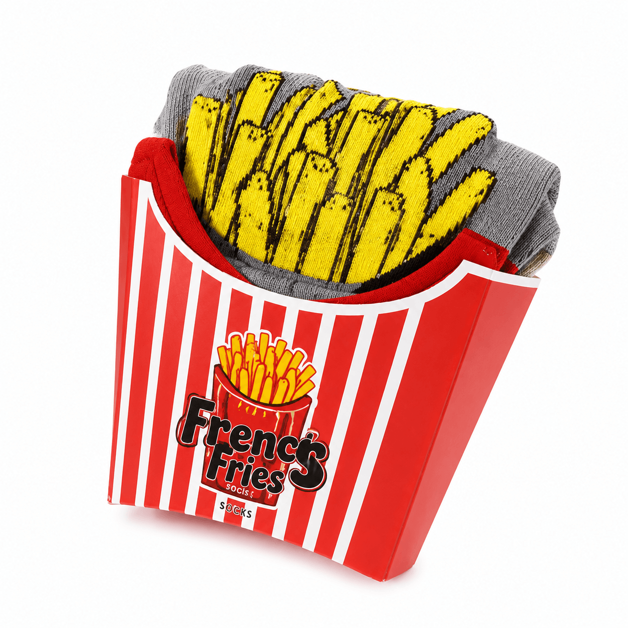 Chaussettes Frites Kawaii originales en forme de boîte de frites rouges, cadeau drôle et gourmand pour enfants et adultes.