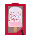 Chaussettes Glace Kawaii présentées dans un emballage original en forme de glace, idée cadeau amusante.