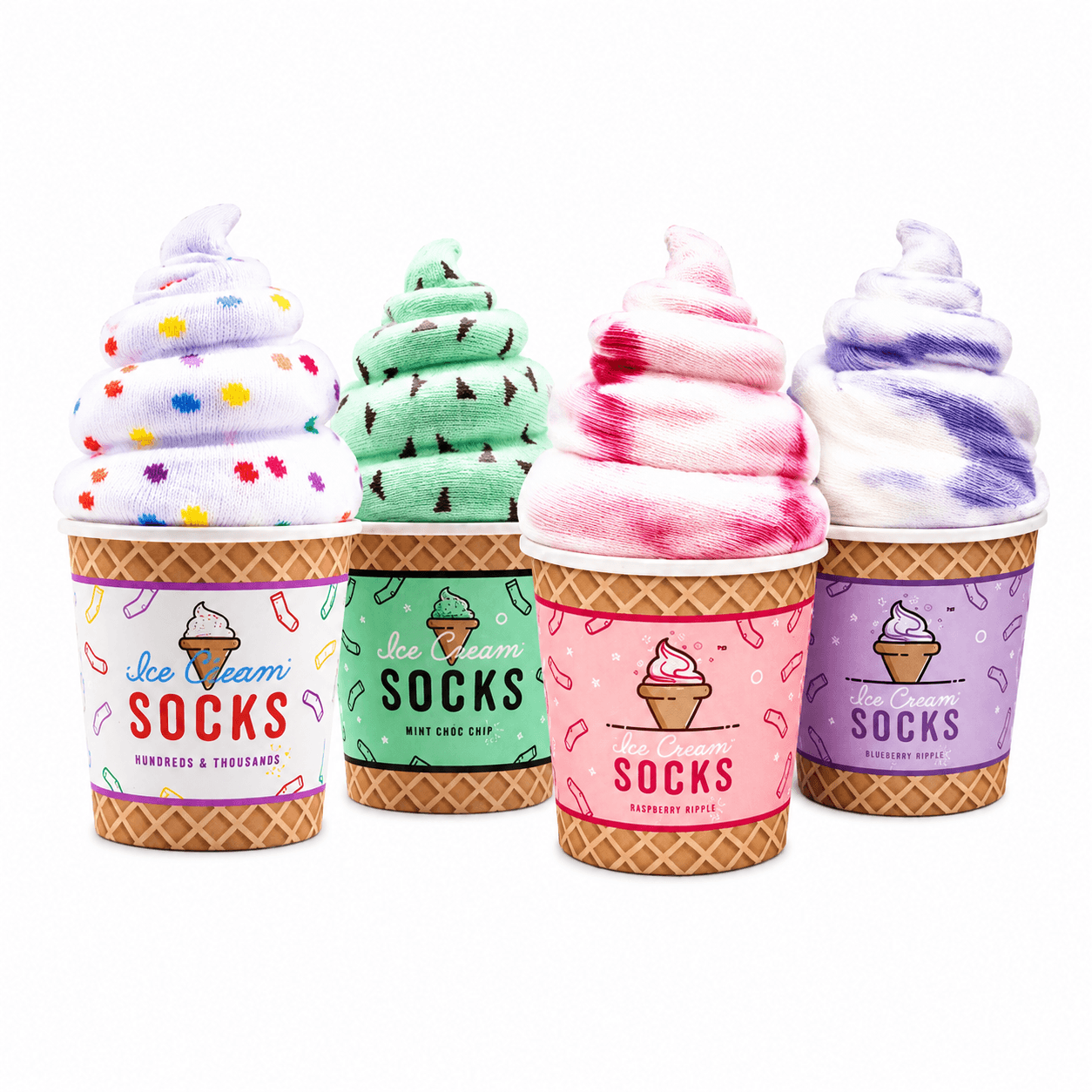 Chaussettes Glace Kawaii Gourmande présentées dans un gobelet de glace coloré, cadeau fun et original.