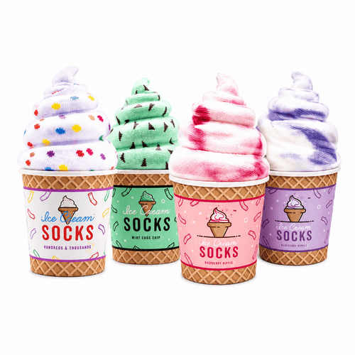 Chaussettes Glace Kawaii Gourmande présentées dans un gobelet de glace coloré, cadeau fun et original.