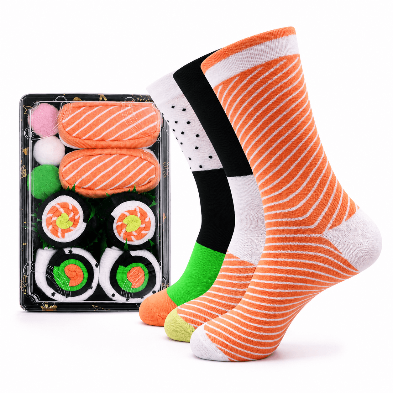 Chaussettes Sushi Kawaii portées aux motifs inspirés des makis japonais, confortables, colorées et originales.