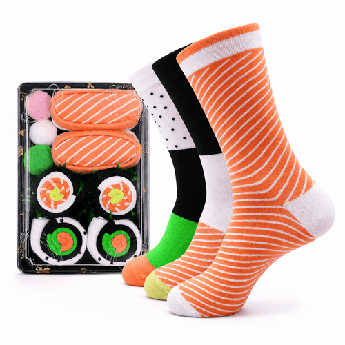 Chaussettes Sushi Kawaii portées aux motifs inspirés des makis japonais, confortables, colorées et originales.