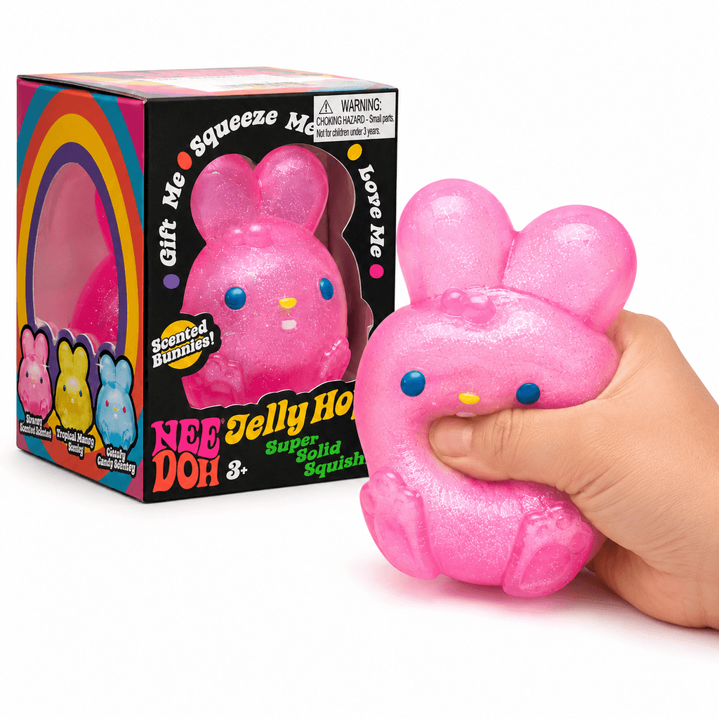Main pressant un NeeDoh Jelly Hops Squishy Lapin Kawaii à texture ultra douce et effet relaxant.