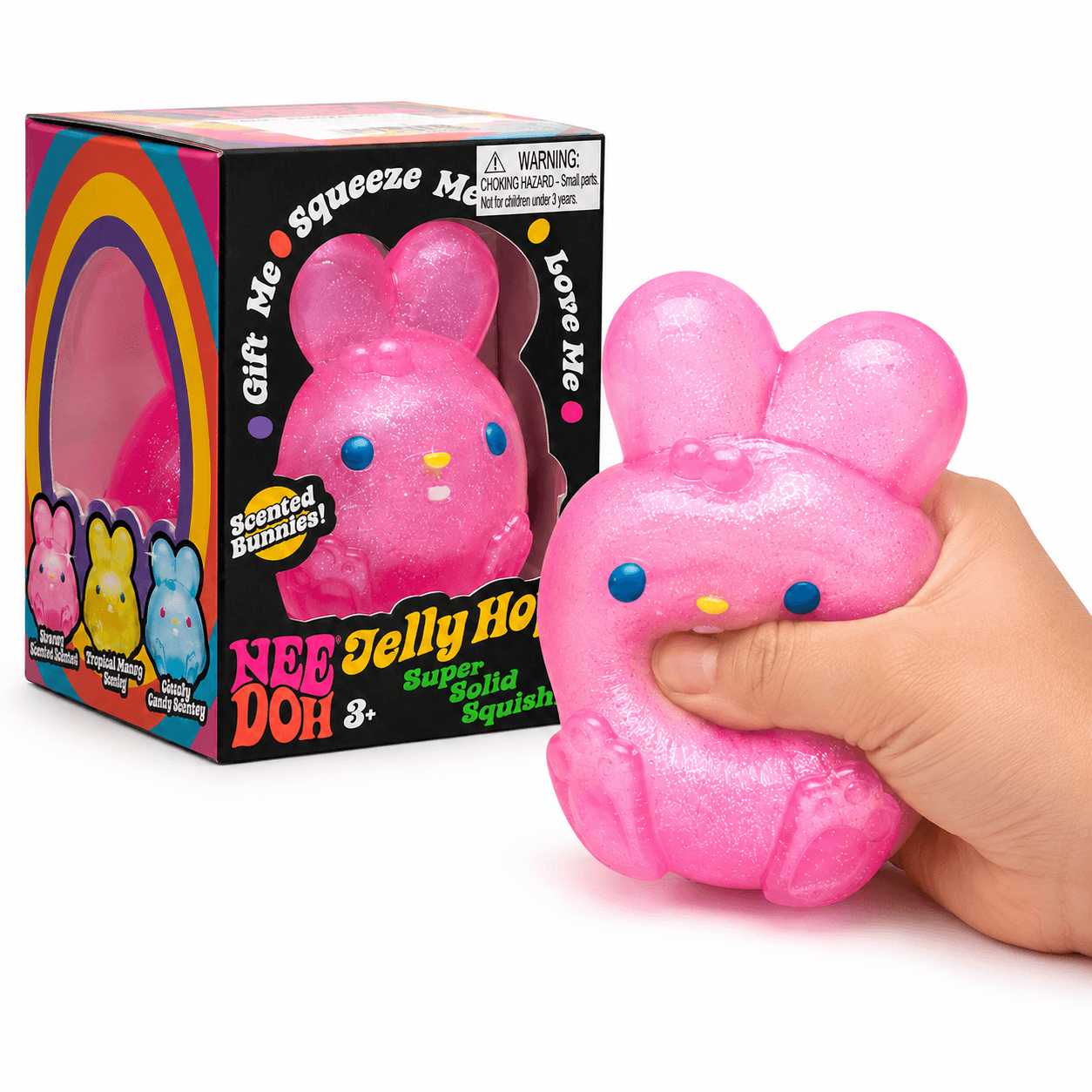 Main pressant un NeeDoh Jelly Hops Squishy Lapin Kawaii à texture ultra douce et effet relaxant.