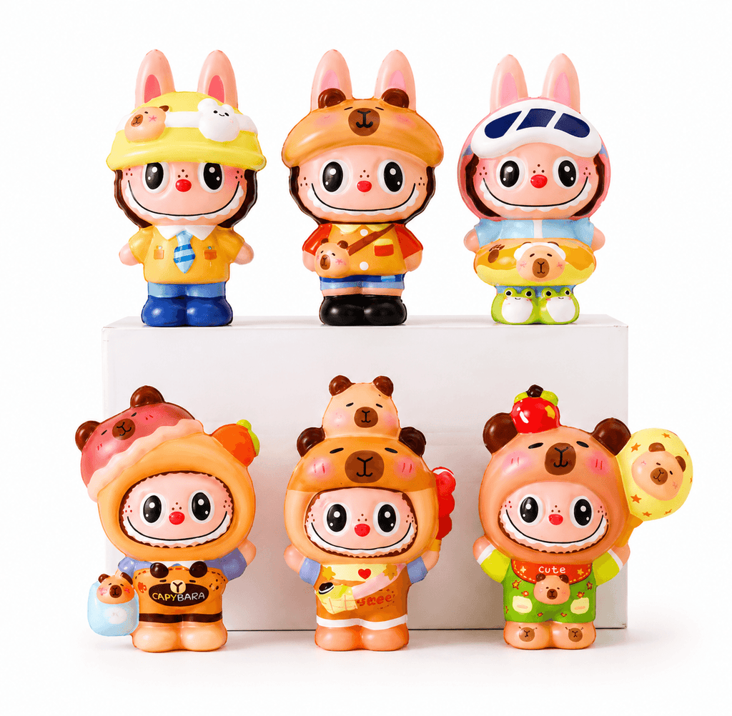 Collection de porte-clés Squishy Labubu Kawaii Surprise avec plusieurs personnages kawaii colorés.