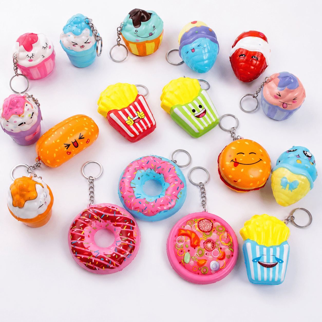 Collection de porte-clés Squishy Fast Food Gourmand Kawaii aux motifs colorés et gourmands.