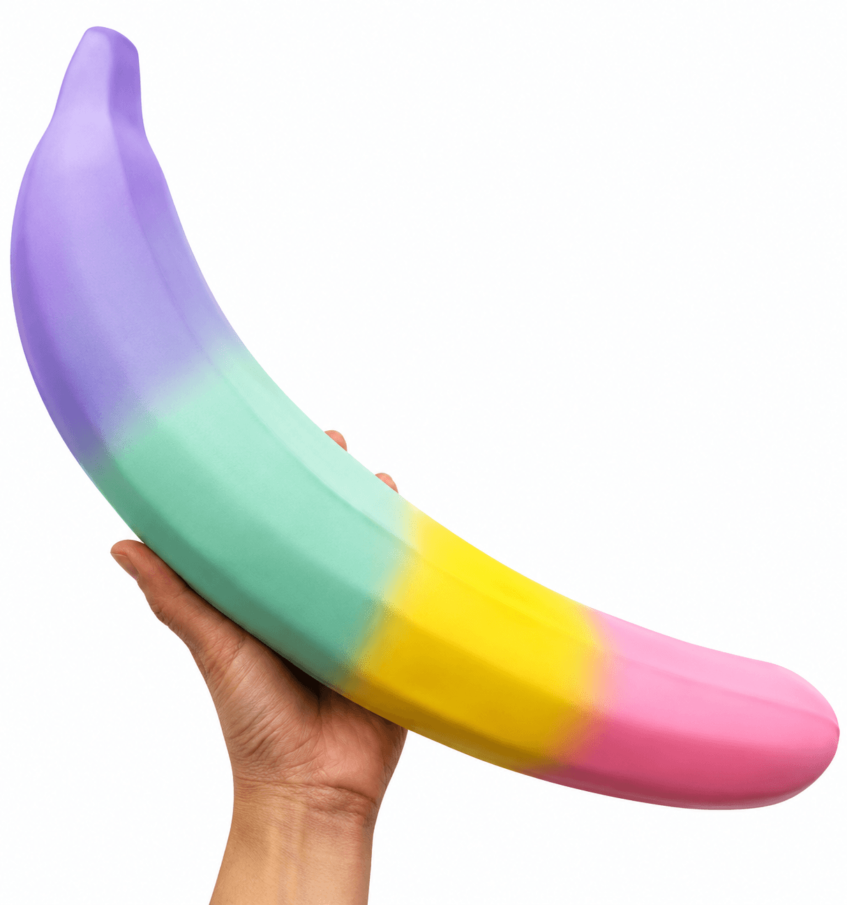 Squishy Banane XXL Pastel aux couleurs douces et arc-en-ciel, ultra moelleux et relaxant.