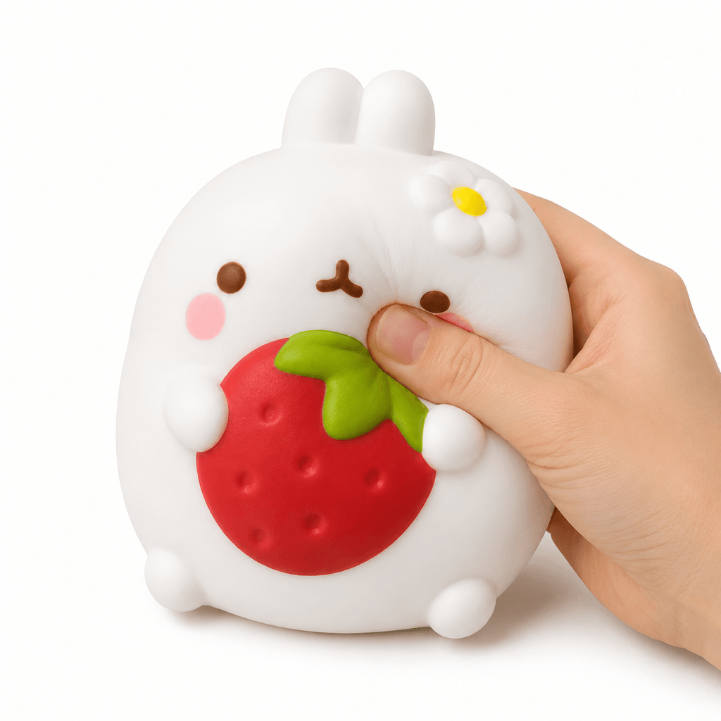 Main pressant un Squishy Lapin Fraise Kawaii Anti-Stress à texture ultra douce et effet slow rising.