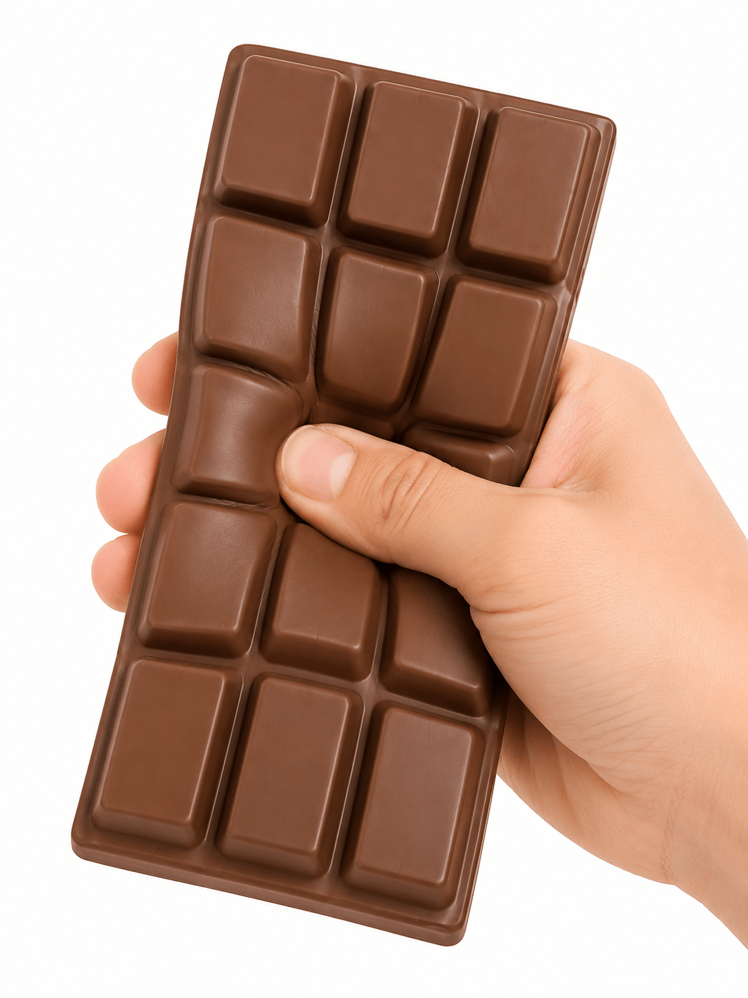 Main pressant une Tablette Chocolat Squishy Anti-Stress Kawaii à texture ultra douce et à remontée lente.