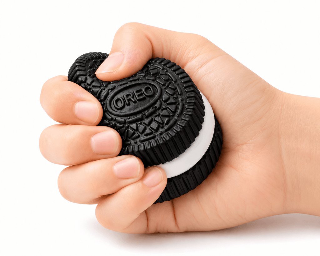 Main pressant un Squishy Oreo XXL Anti-Stress Ultra Gourmand à texture ultra douce et à remontée lente.
