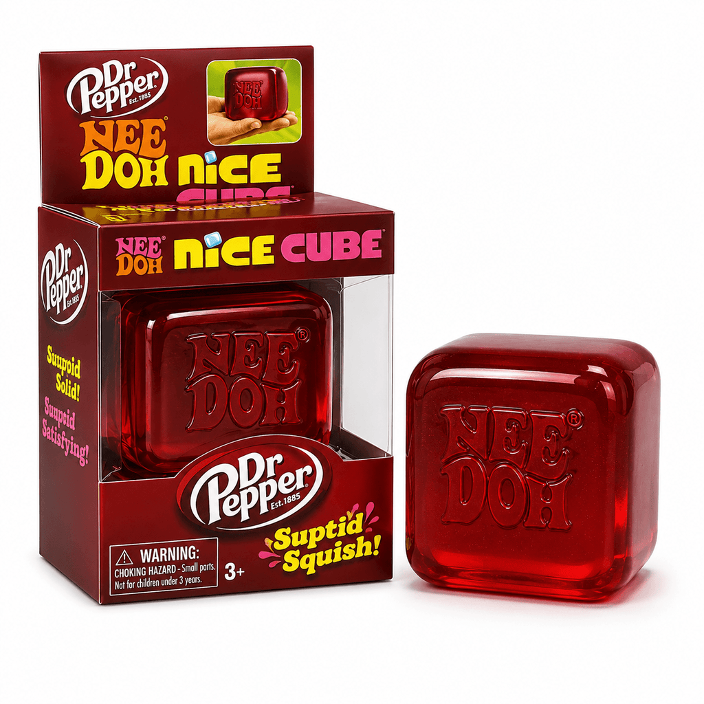 NeeDoh Nice Cube Dr Pepper Edition, squishy anti-stress officiel au design inspiré de Dr Pepper, ultra doux et agréable à manipuler.