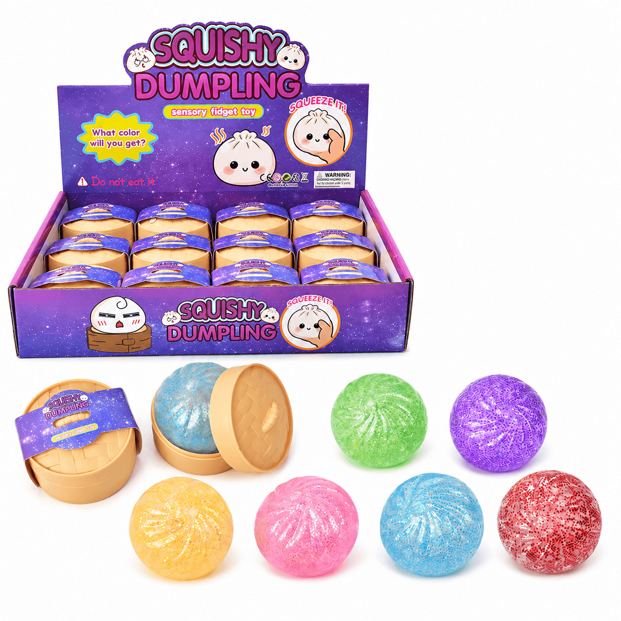 Collection de Squishy Dumpling Surprise Brillant colorés, parfaits pour la détente et le plaisir tactile.