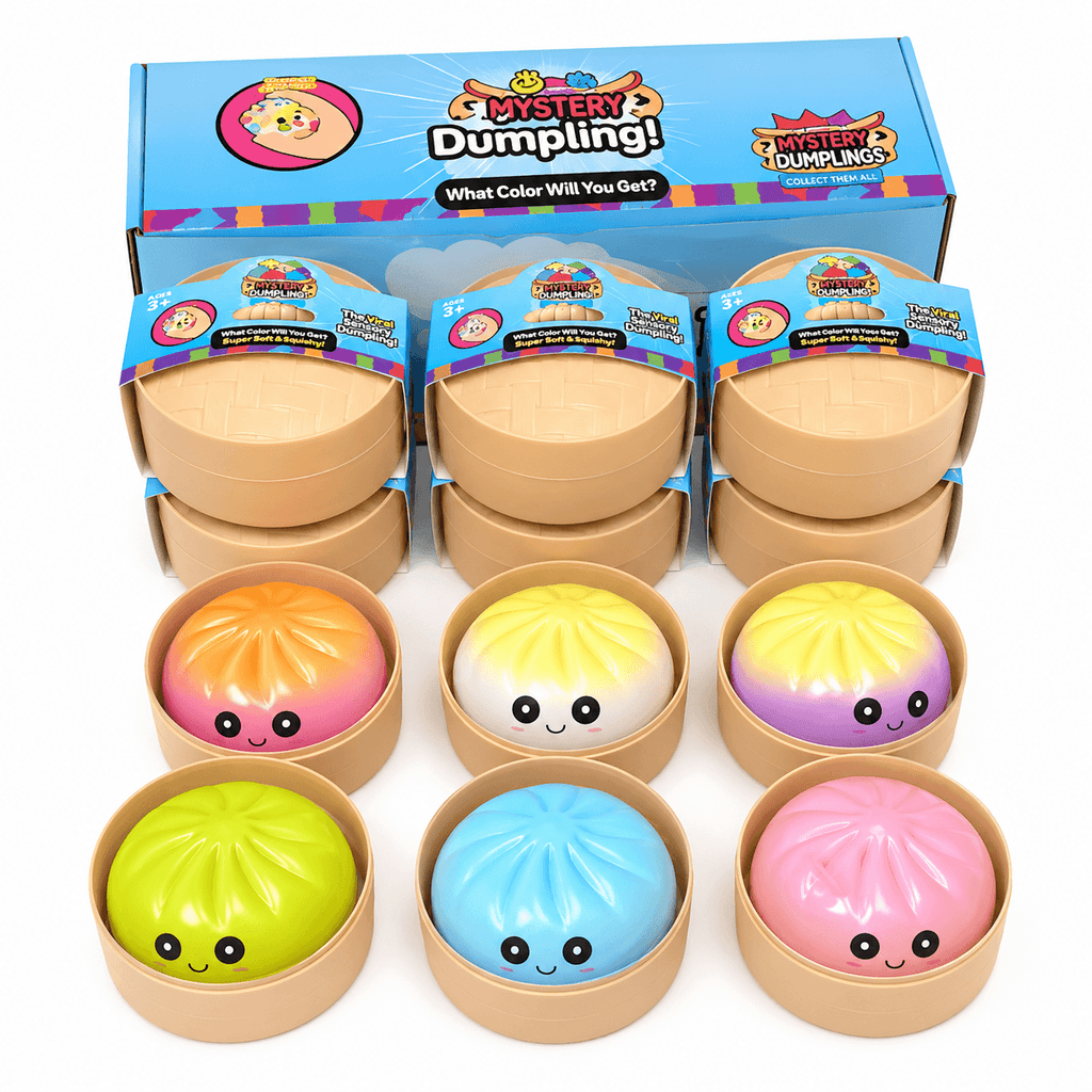 Collection de Mystery Dumpling Squishy Surprise aux couleurs variées, idéale pour les amateurs de squishies.