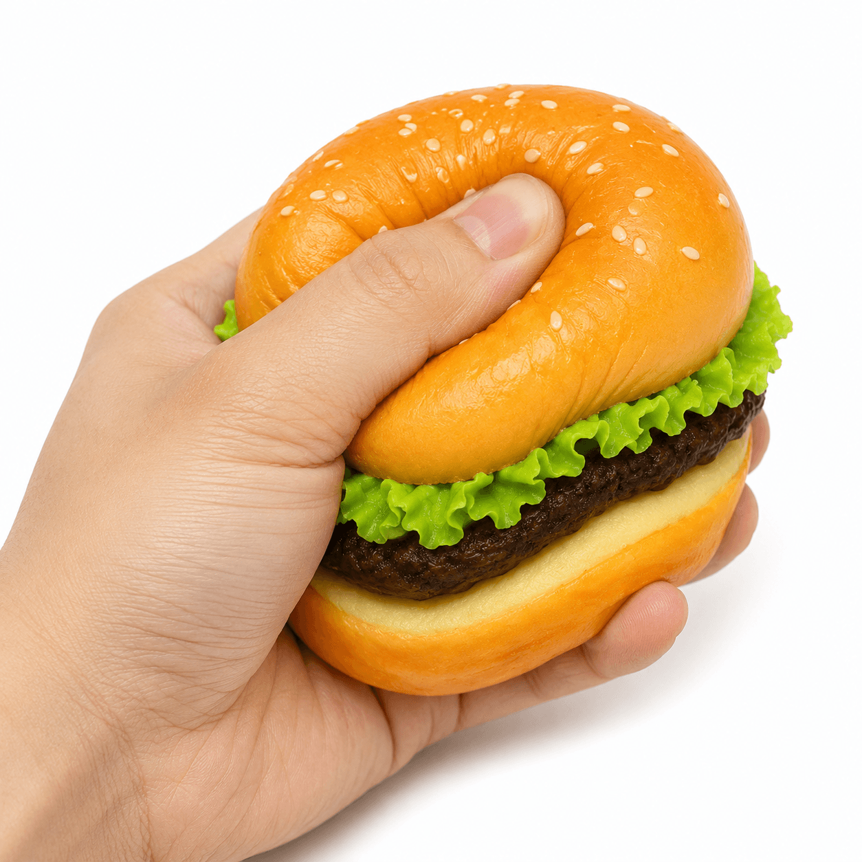 Jouet Squishy Burger Kawaii anti-stress à texture ultra douce, idéal pour la détente et le plaisir tactile.