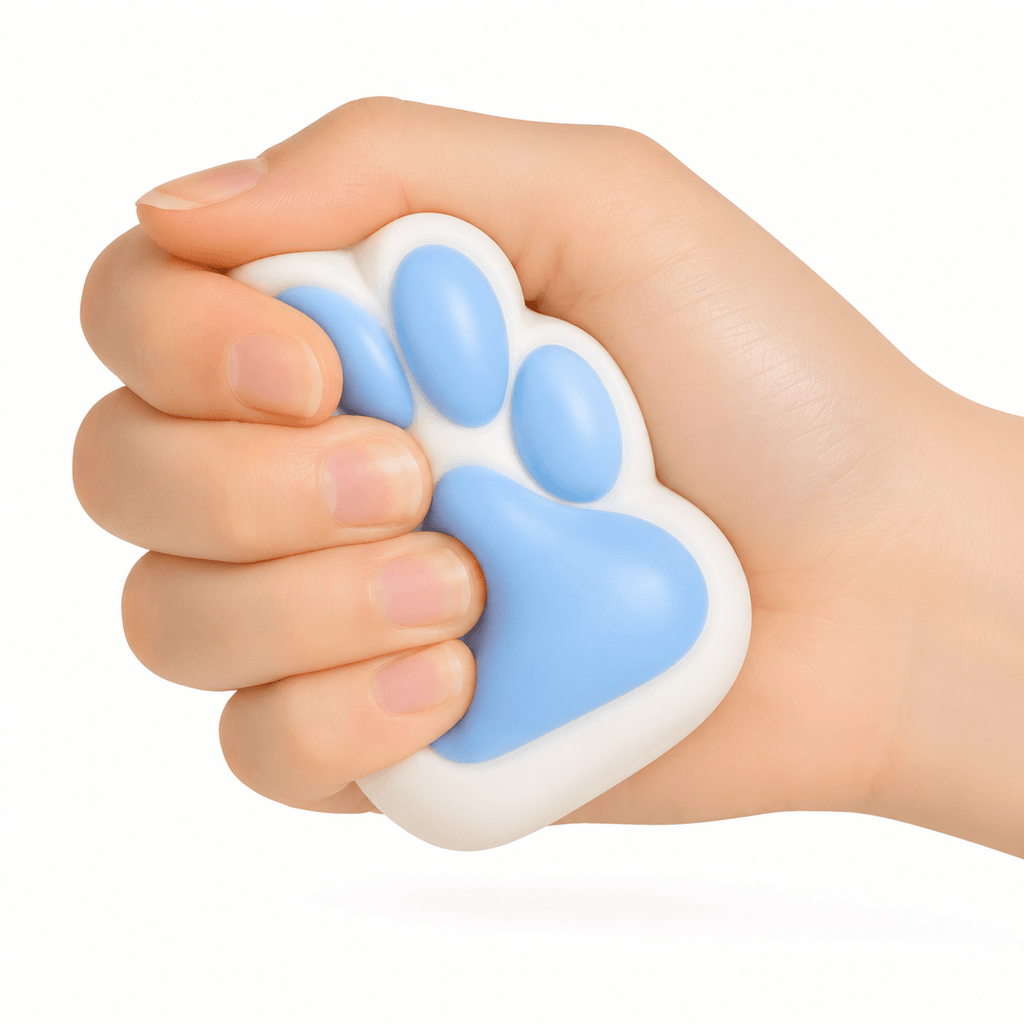 Main pressant un Squishy Patte Kawaii Bleu Pastel à texture ultra douce et à remontée lente.