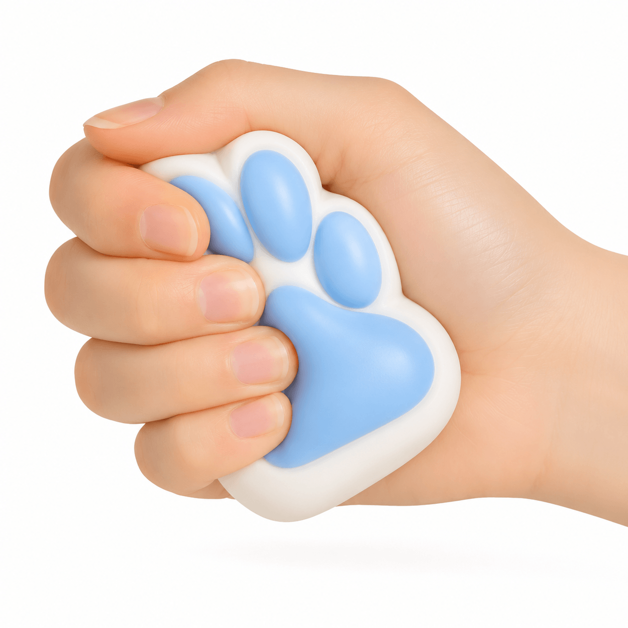 Main pressant un Squishy Patte Kawaii Bleu Pastel à texture ultra douce et à remontée lente.