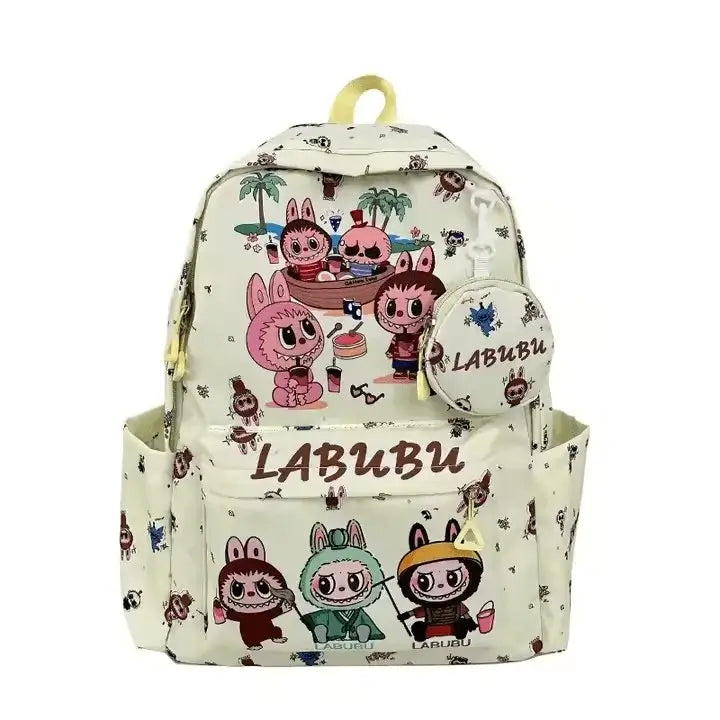 Cartable Labubu blanc kawaii décoré de personnages mignons, idéal pour les enfants et adolescents.