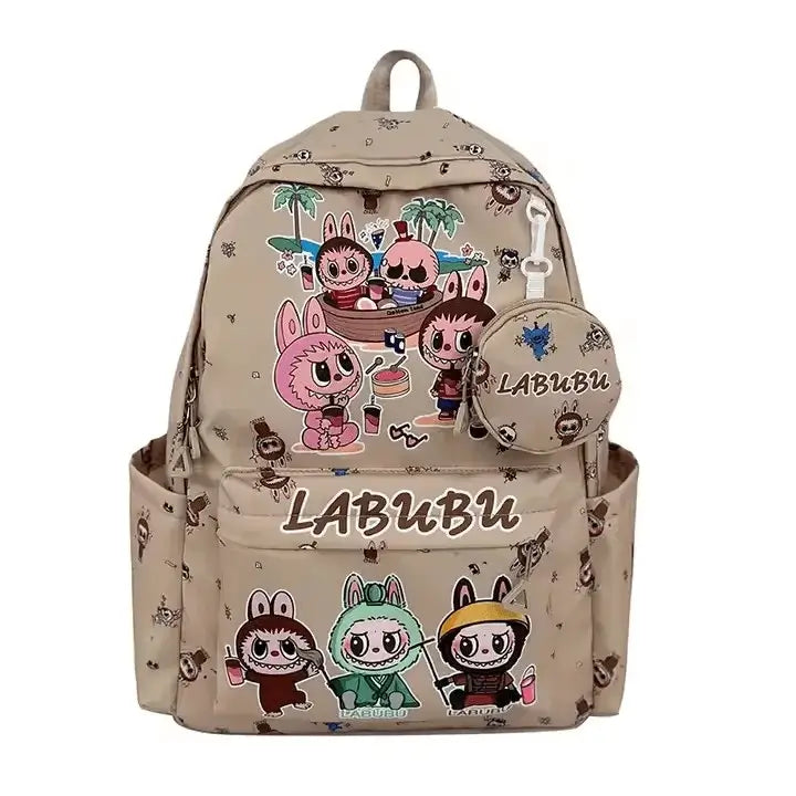 Cartable Labubu beige kawaii avec motifs adorables et grande capacité de rangement.