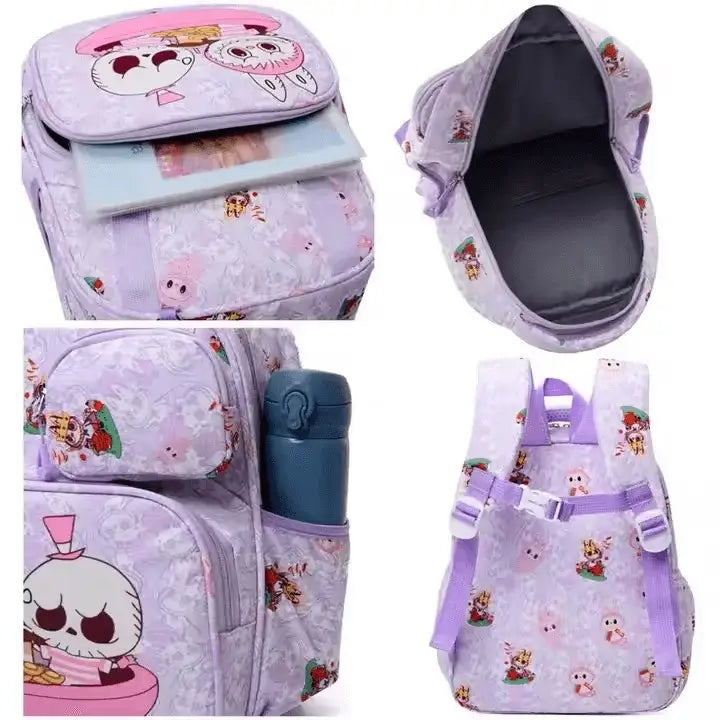 Cartable Labubu primaire kawaii avec grand compartiment de rangement et bretelles confortables.