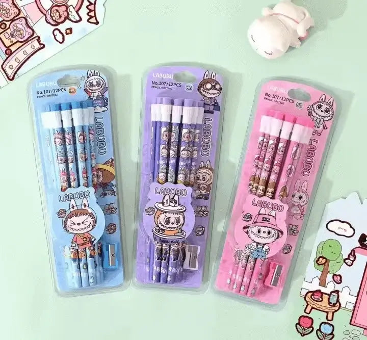 set crayons labubu kawaii pastel avec taille crayon fournitures scolaires