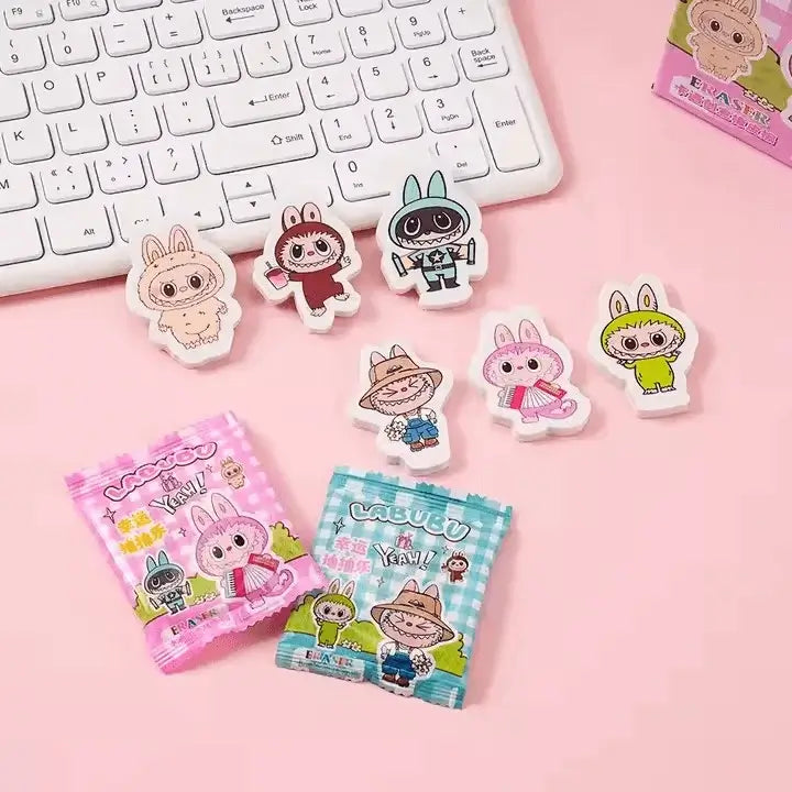 collection gommes labubu kawaii pastel accessoires papeterie cute