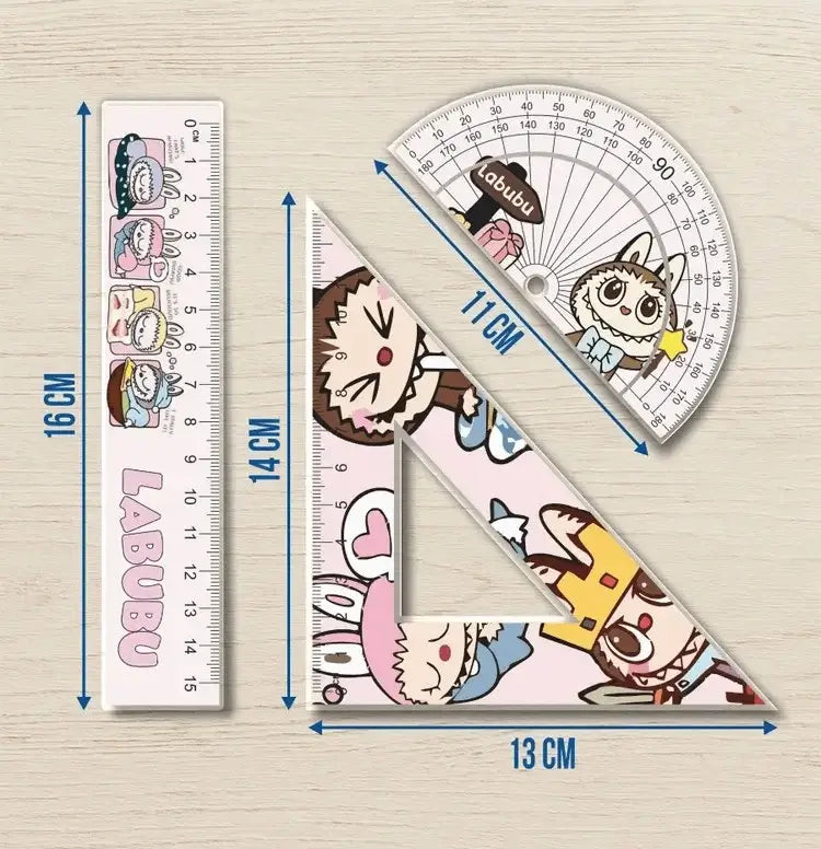 Kit de géométrie Labubu kawaii pour l'école avec règle, équerre, rapporteur et fournitures scolaires originales.