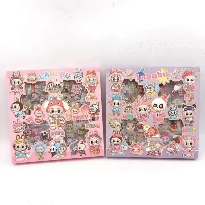 Pack de stickers Labubu kawaii avec plusieurs personnages adorables, parfait pour décorer cahiers, ordinateurs et accessoires.