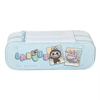 Trousse Labubu bleue kawaii avec fermeture zippée et design original pour l'école.